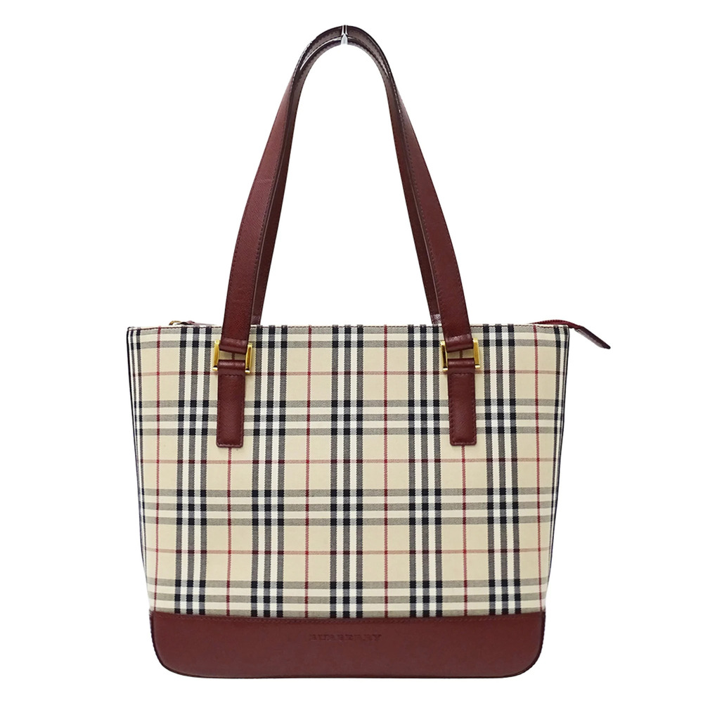 Burberry handbag for women, brand tote bag, canvas, beige, burgundy, check pa...